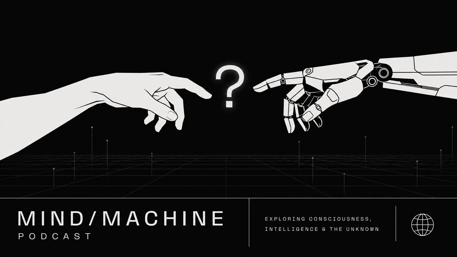 Podcast Mind / Machine – Folge #1: KI - mehr als ein Werkzeug? Eine menschliche Hand und eine Roboterhand strecken sich einander entgegen, zwischen ihnen ein leuchtendes Fragezeichen – als Symbol für die Kernfrage von Folge 1: Ist KI mehr als ein Werkzeug? Illustration zu Mind / Machine Podcast Folge 1.