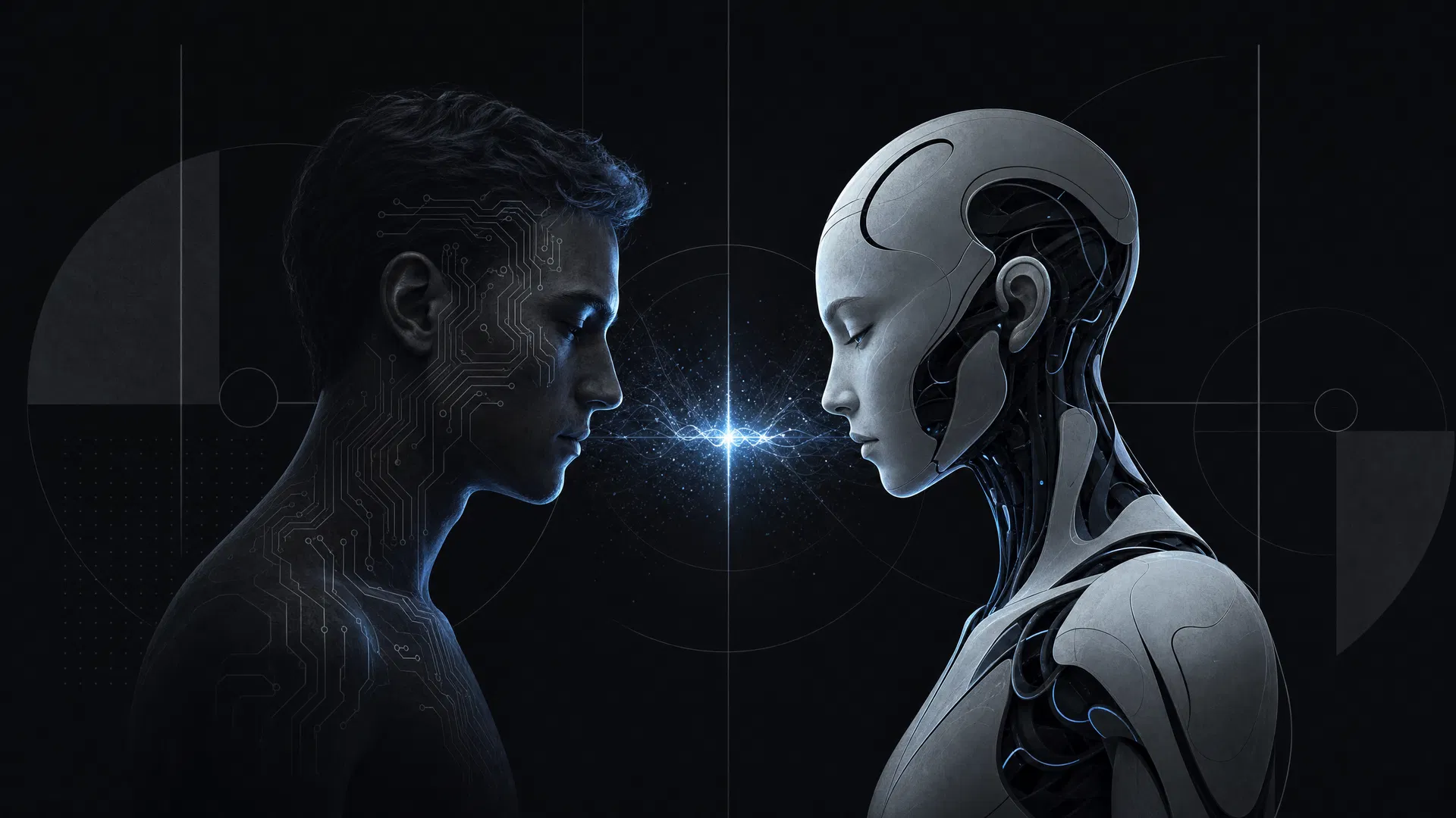 Mensch und Maschine stehen sich gegenüber und nähern sich an – Illustration zu Folge 112 von Mind / Machine über künstliche Menschen und das Konzept Friction