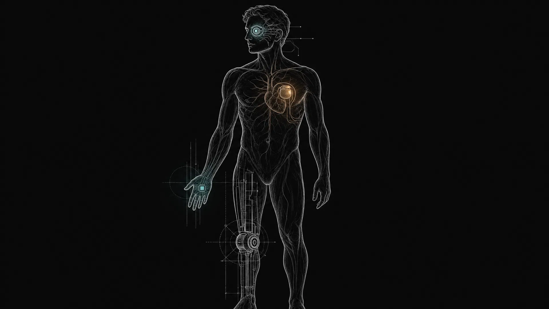 Menschliche Silhouette mit mechanischen Implantaten und digitalen Schaltkreisen – Illustration zu Folge 114 von Mind / Machine über Körpertechnologie, Implantate und die Grenzen des Ersatzteillagers Mensch