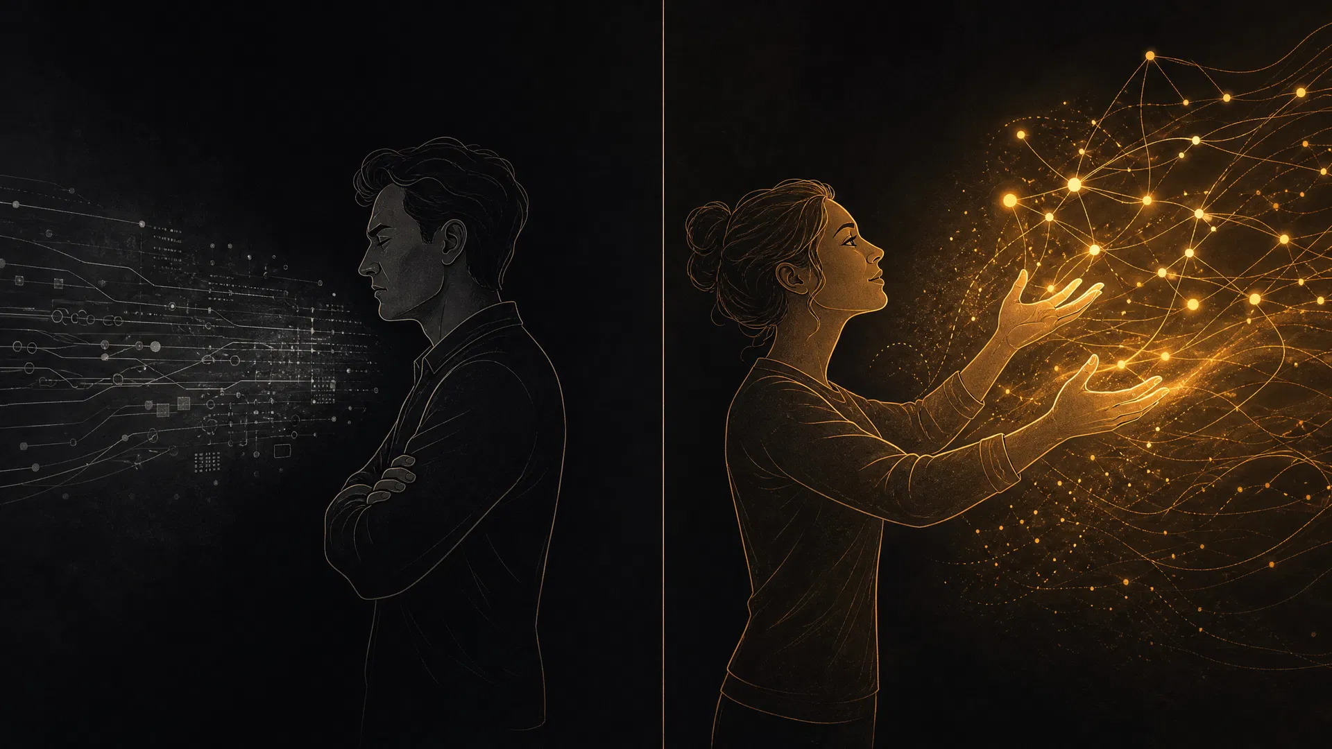 Zwei Figuren im Kontrast: links ein Mensch mit verschränkten Armen, der sich von digitalen Schaltkreisen abwendet, rechts eine Frau, die leuchtende KI-Netzwerke in den Händen hält – Illustration zu Folge 115 von Mind / Machine über KI-Akzeptanz und Mindset