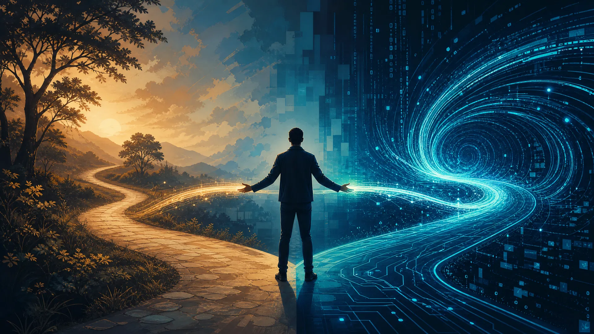 Eine menschliche Figur steht an einer Weggabelung zwischen einem organischen Naturpfad und einem digitalen Datenstrom, als Brücke zwischen menschlichem Wandel und KI-Geschwindigkeit. Illustration zu Folge 117 von Mind / Machine über Change Management im KI-Zeitalter mit Alexander Masek.