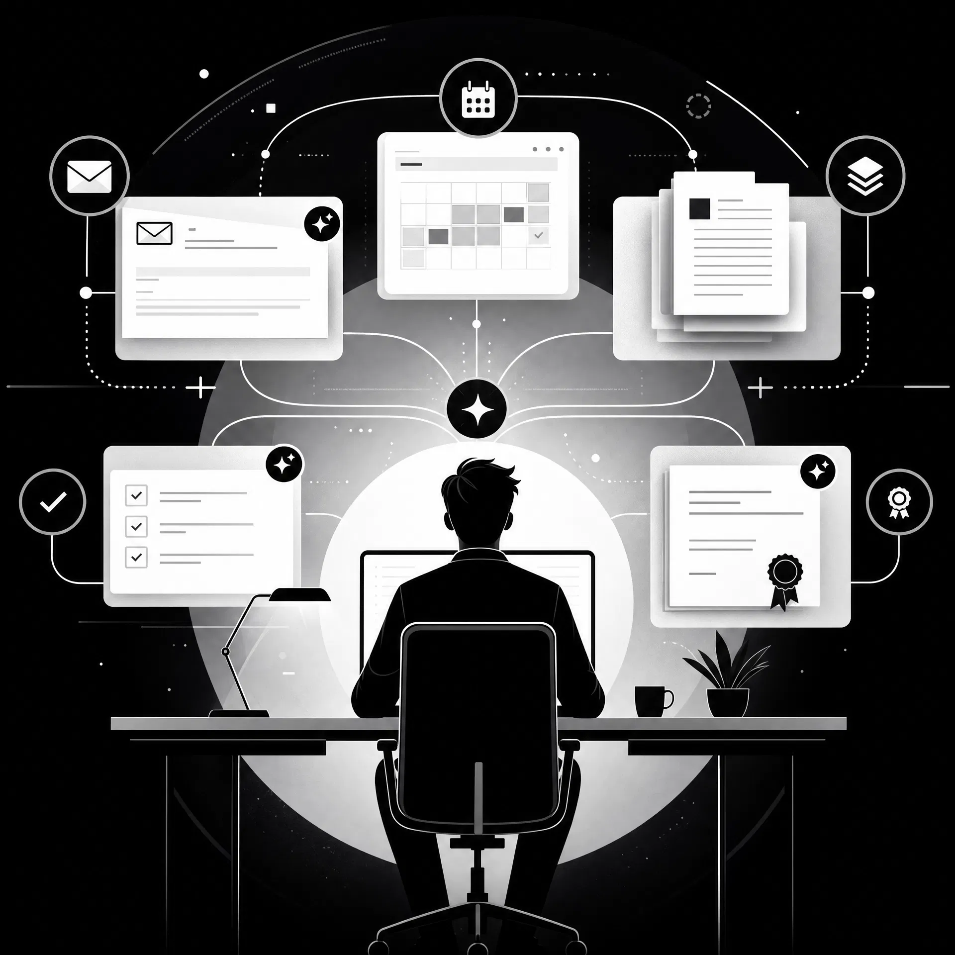 Podcast Mind / Machine – Folge #118: KI-Anwendungen im Arbeitsalltag: Welche Use Cases wirklich funktionieren Eine Person sitzt an einem Schreibtisch, umgeben von schwebenden digitalen Screens mit E-Mail-Entwürfen, Kalendereinträgen, Dokumenten und Zertifikaten, die sich automatisch bearbeiten. Illustration zu Folge 118 von Mind / Machine über KI-Anwendungen und Use Cases im Arbeitsalltag.