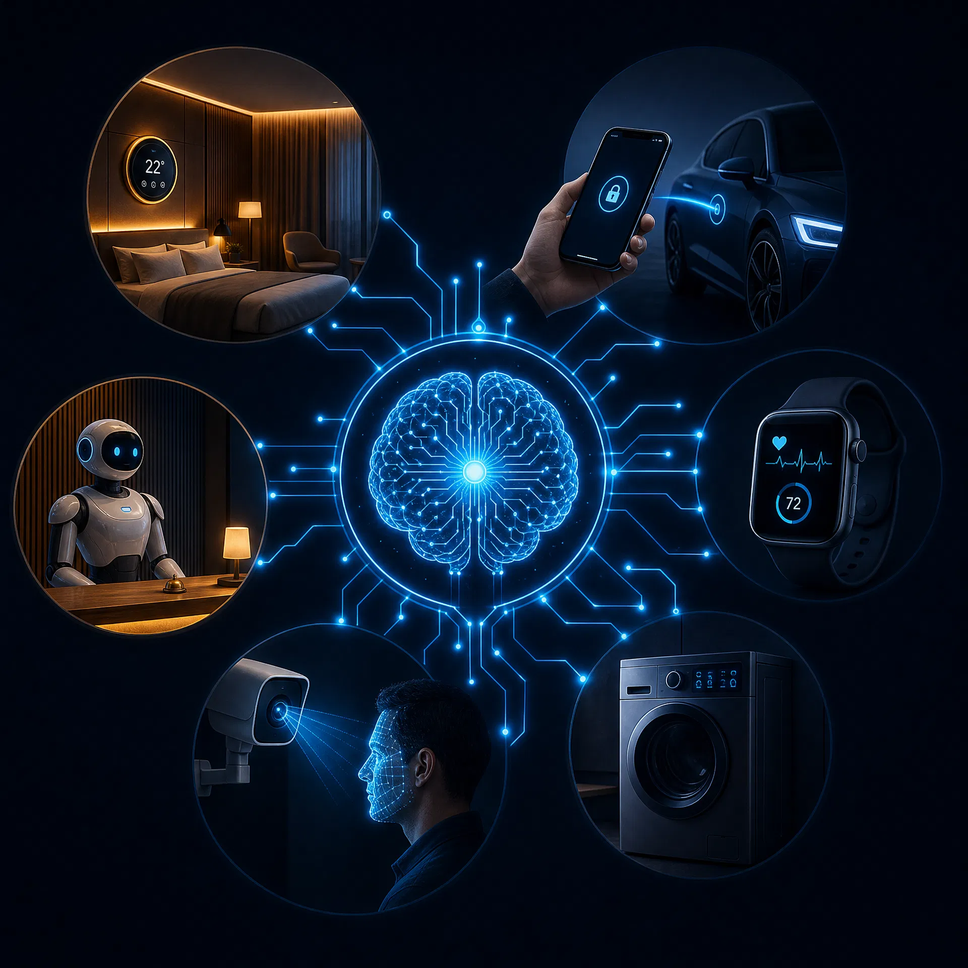 KI-Gehirn-Netzwerk in der Mitte, verbunden mit IoT-Geräten: Smart Hotel, Carsharing-App, Smartwatch, Roboter an der Rezeption, Gesichtserkennung, Waschmaschine
