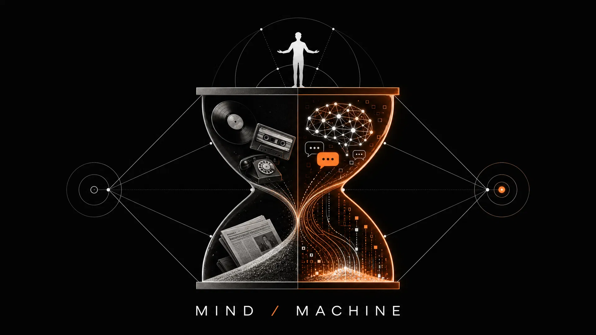 Podcast Mind / Machine – Folge #120: Jungbleiben mit KI: Warum Alter keine Rolle spielt Sanduhr mit analoger Vergangenheit (Schallplatte, Kassette, Zeitung) und digitaler KI-Zukunft (neuronales Netz, Chat-Blasen), Menschensilhouette oben mit offenen Armen