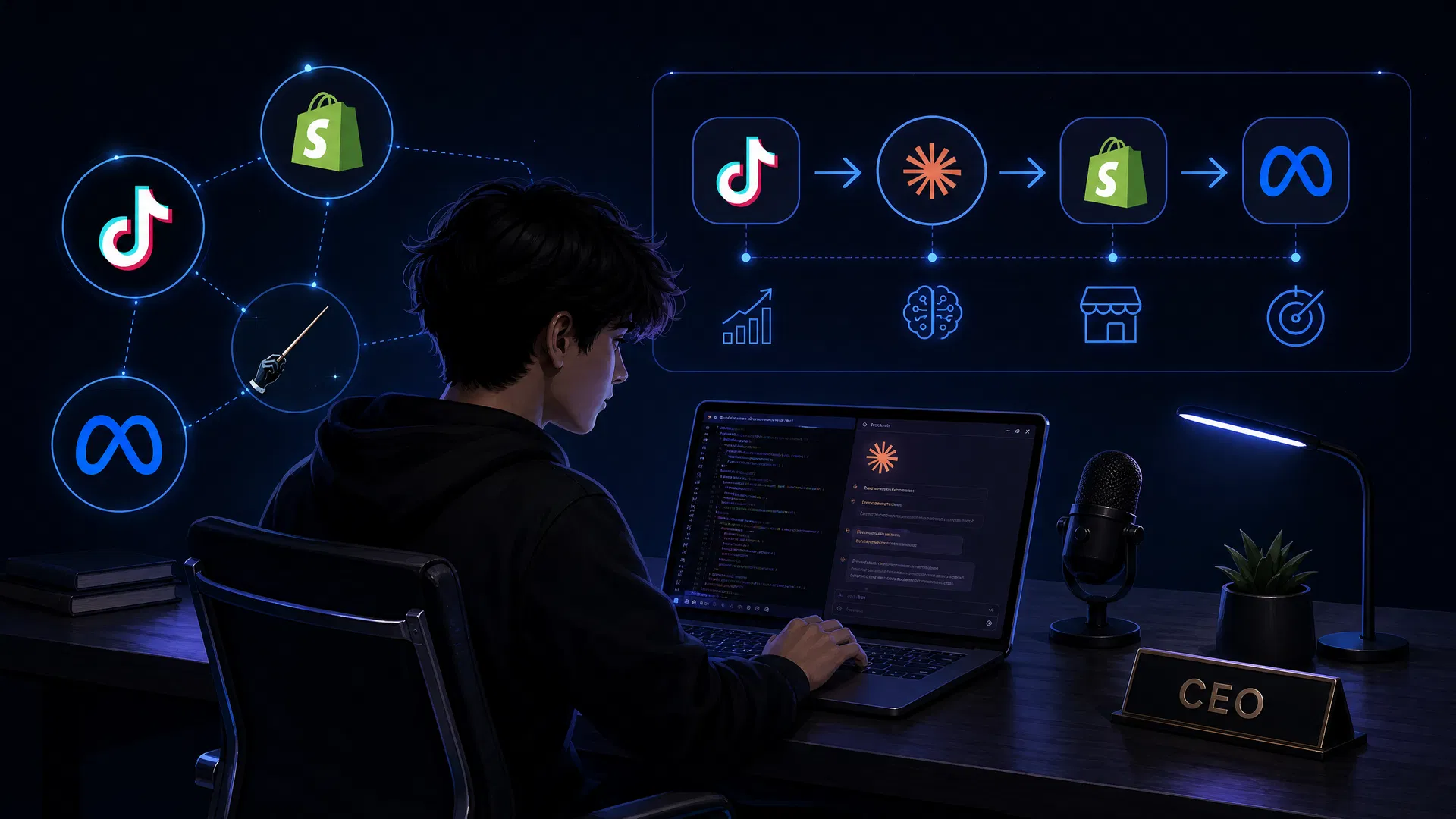 Teenager am Laptop mit Claude-Code-Interface, TikTok/Shopify/Meta-Icons und Dropshipping-Flow-Diagramm, CEO-Namensschild auf dem Tisch – Illustration zu Mind/Machine Folge 121