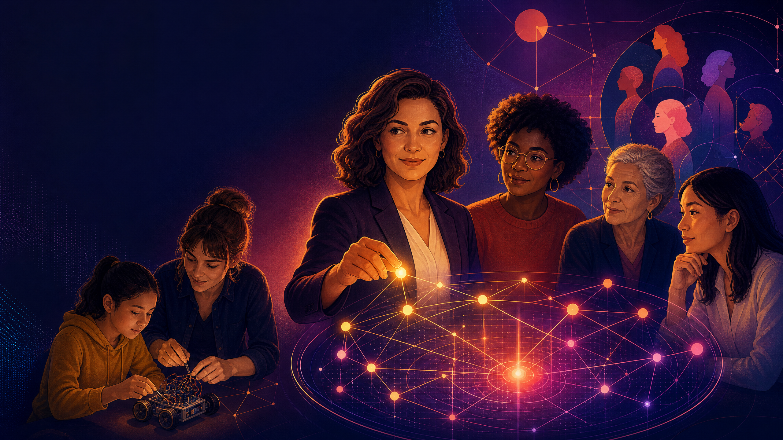 Menschen verschiedener Generationen vernetzen Wissen und Technologie an einem leuchtenden KI-Netzwerk – Illustration für Folge 123 von Mind / Machine über Frauen und KI.