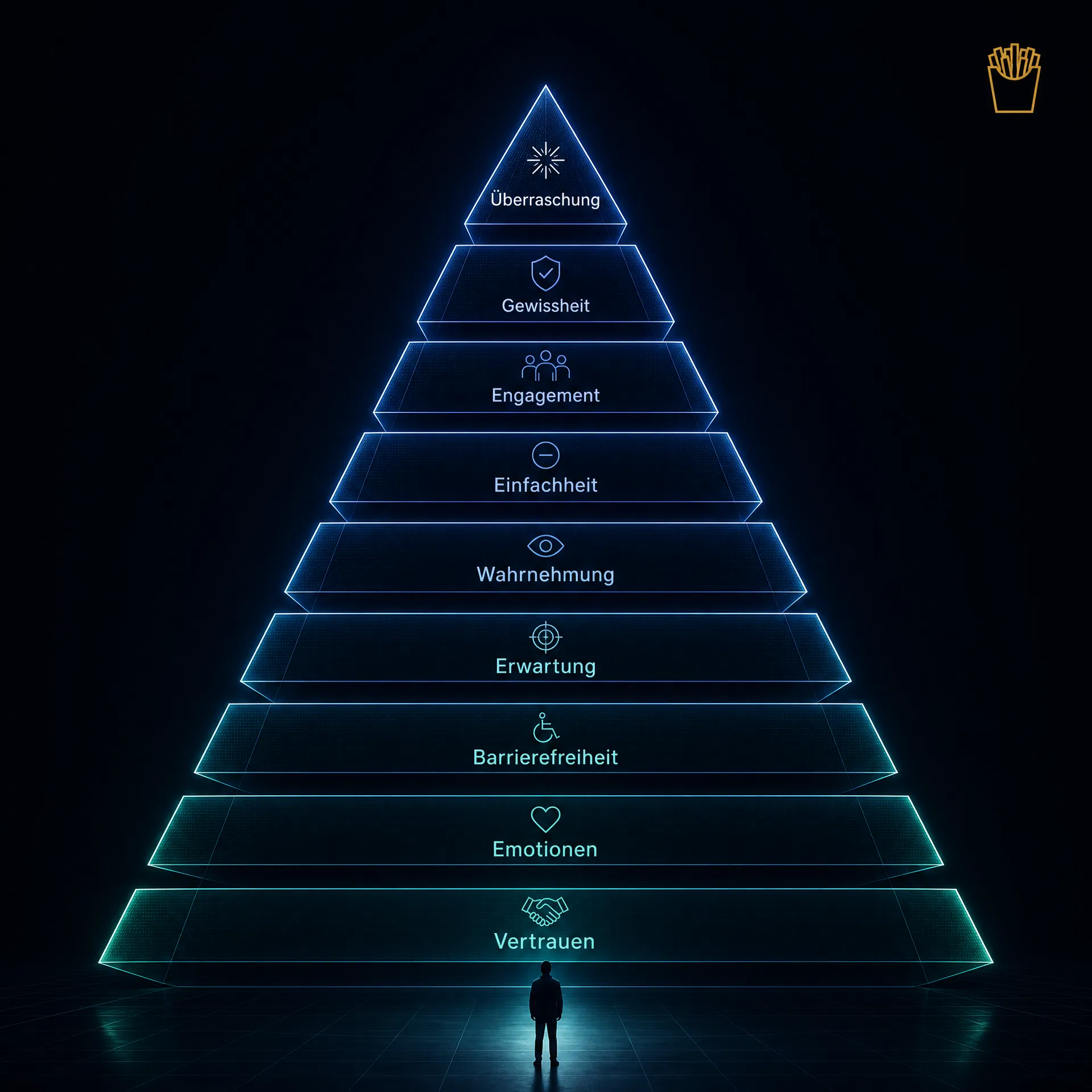 Leuchtende Pyramide mit 10 Ebenen der Experience Architecture auf dunklem Hintergrund, menschliche Silhouette davor