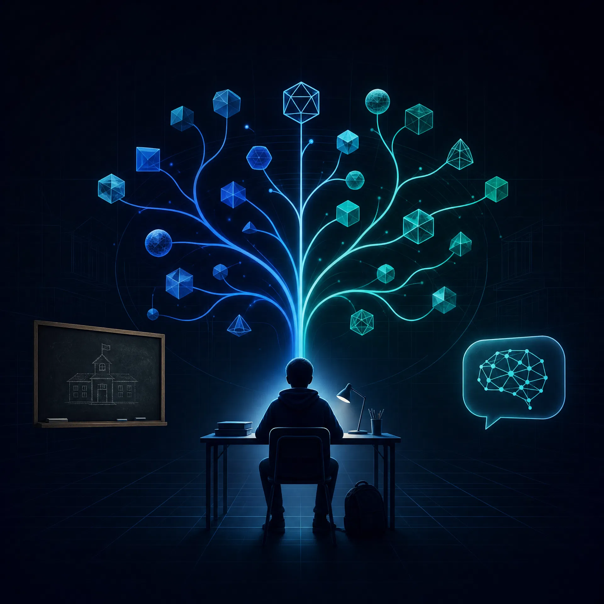 Podcast Mind / Machine – Folge #15: KI und Bildung: Personalisiertes Lernen und Critical Thinking Schüler-Silhouette an leuchtendem Schreibtisch, darüber ein Baum aus personalisierten Lernpfaden in Blau und Türkis, links Schultafel, rechts KI-Chat-Bubble