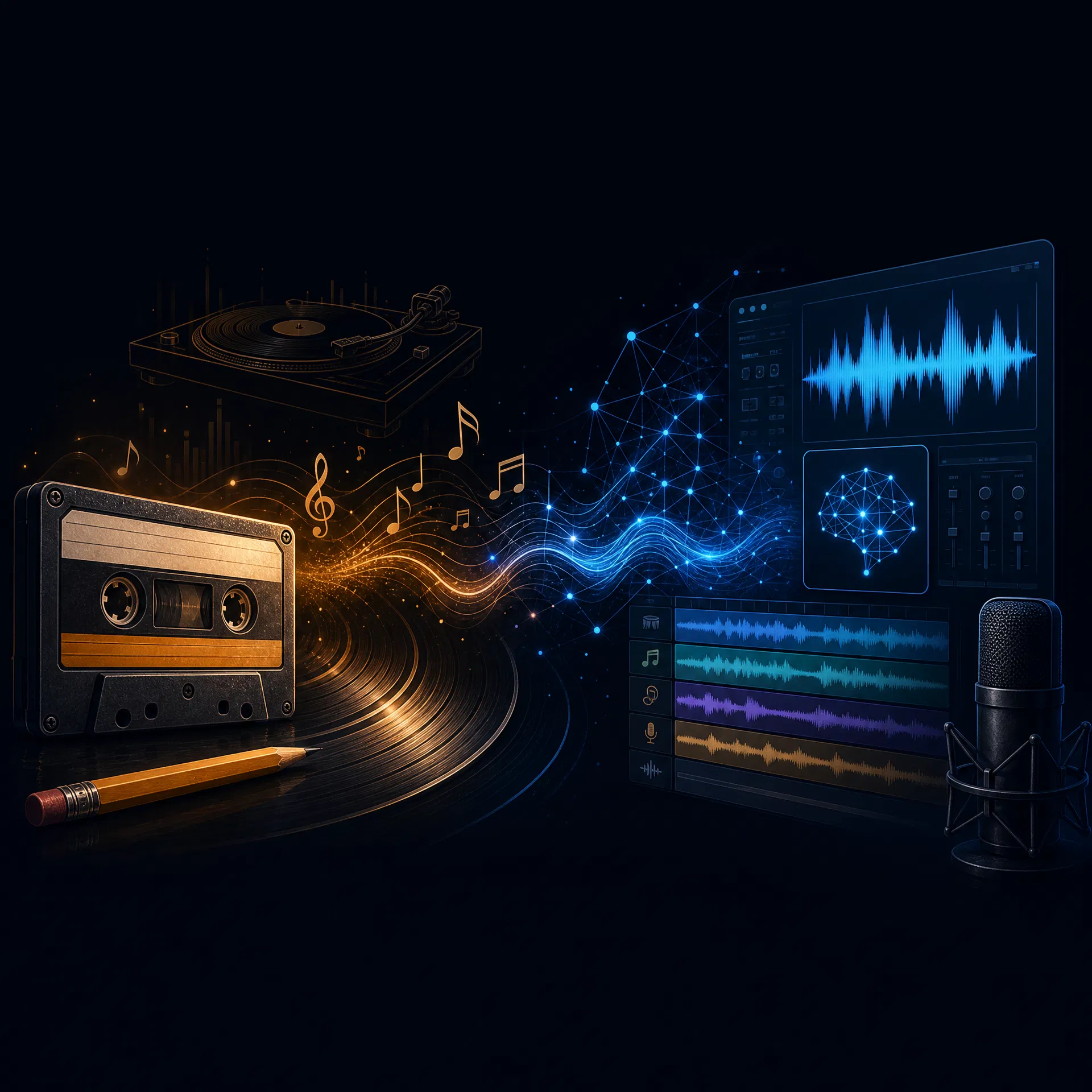 Podcast Mind / Machine – Folge #17: KI und Musik: Von der Kassette zu Suno AI Kassette mit Bleistift links, KI-Musikinterface mit Stems und Waveforms rechts, verbunden durch Musiknoten und Schallwellen
