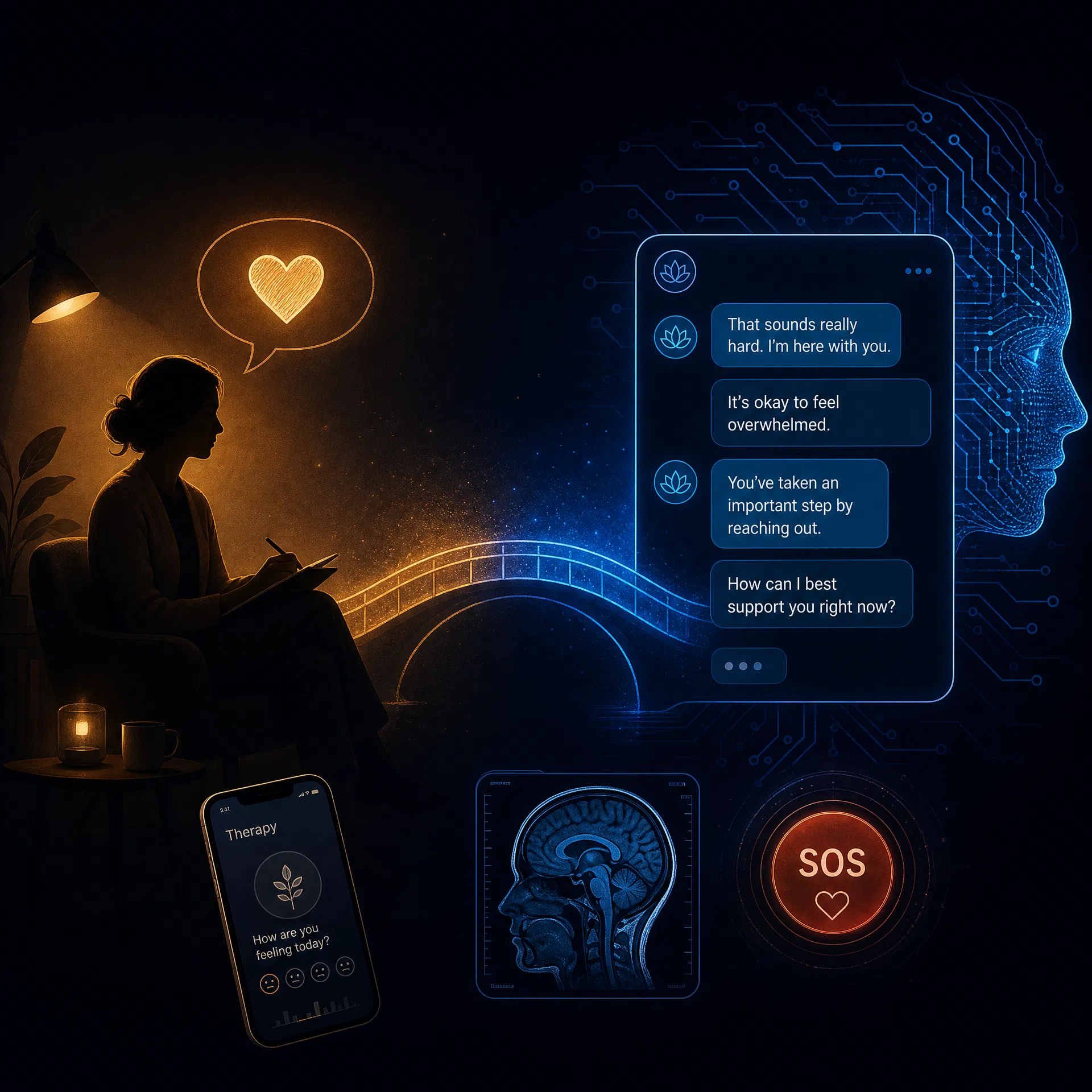 Therapeutin-Silhouette links mit Herz-Sprechblase, KI-Chat-Interface rechts mit empathischen Antworten, verbunden durch Brücke, unten Therapie-App, MRI-Scan und SOS-Knopf