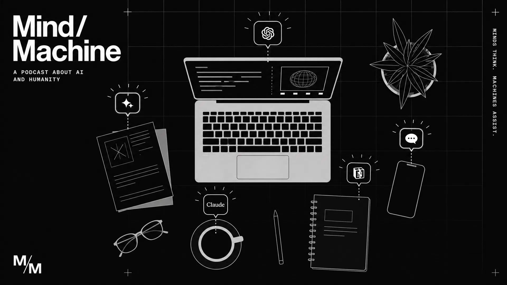 Podcast Mind / Machine – Folge #2: KI im Alltag - unsere Lieblingstools Schreibtisch von oben: Laptop, Kaffeetasse, Smartphone und Notizbuch, über jedem Gegenstand schwebt ein KI-Chat-Symbol – KI-Tools als tägliche Begleiter im Alltag. Illustration zu Mind / Machine Podcast Folge 2.