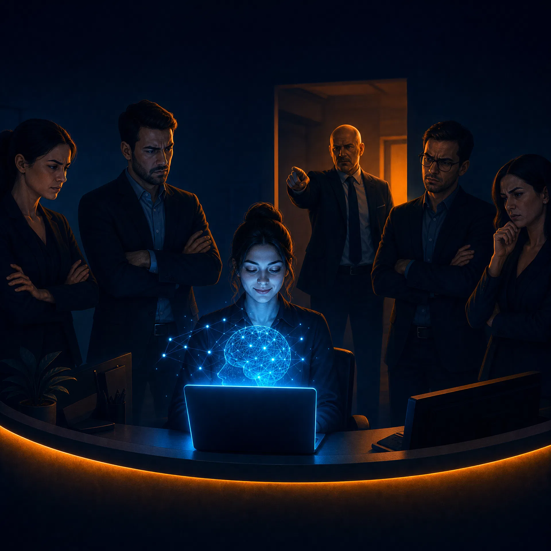 Podcast Mind / Machine – Folge #20: KI und Mobbing im Unternehmen: Superperformer, Halluzinationen und Verantwortung Büro von oben: Ein Arbeitsplatz in der Mitte leuchtet heller als alle anderen, umgeben von KI-Chat-Symbolen, während Kolleginnen und Kollegen an benachbarten Schreibtischen irritiert schauen – der Superperformer-Effekt durch heimliche KI-Nutzung. Illustration zu Mind / Machine Podcast Folge 20.