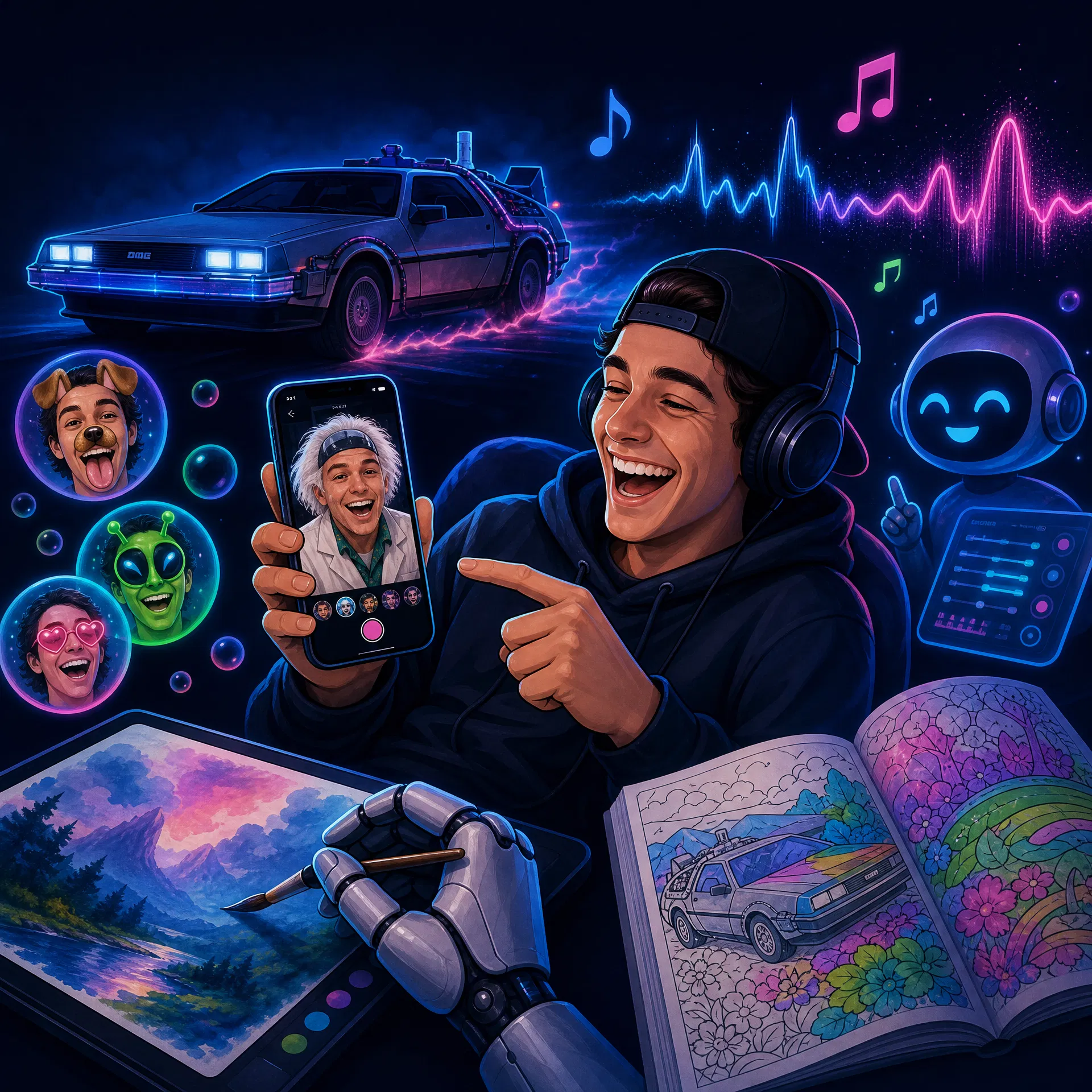 Podcast Mind / Machine – Folge #21: KI macht Spaß: Face Swaps, Musikgenerierung und ChatGPT-Witze Lachender Mann mit Handy zeigt Face Swap als Doc Brown, DeLorean im Hintergrund, Musikwellen, Malbuch, TikTok-Filter-Blasen
