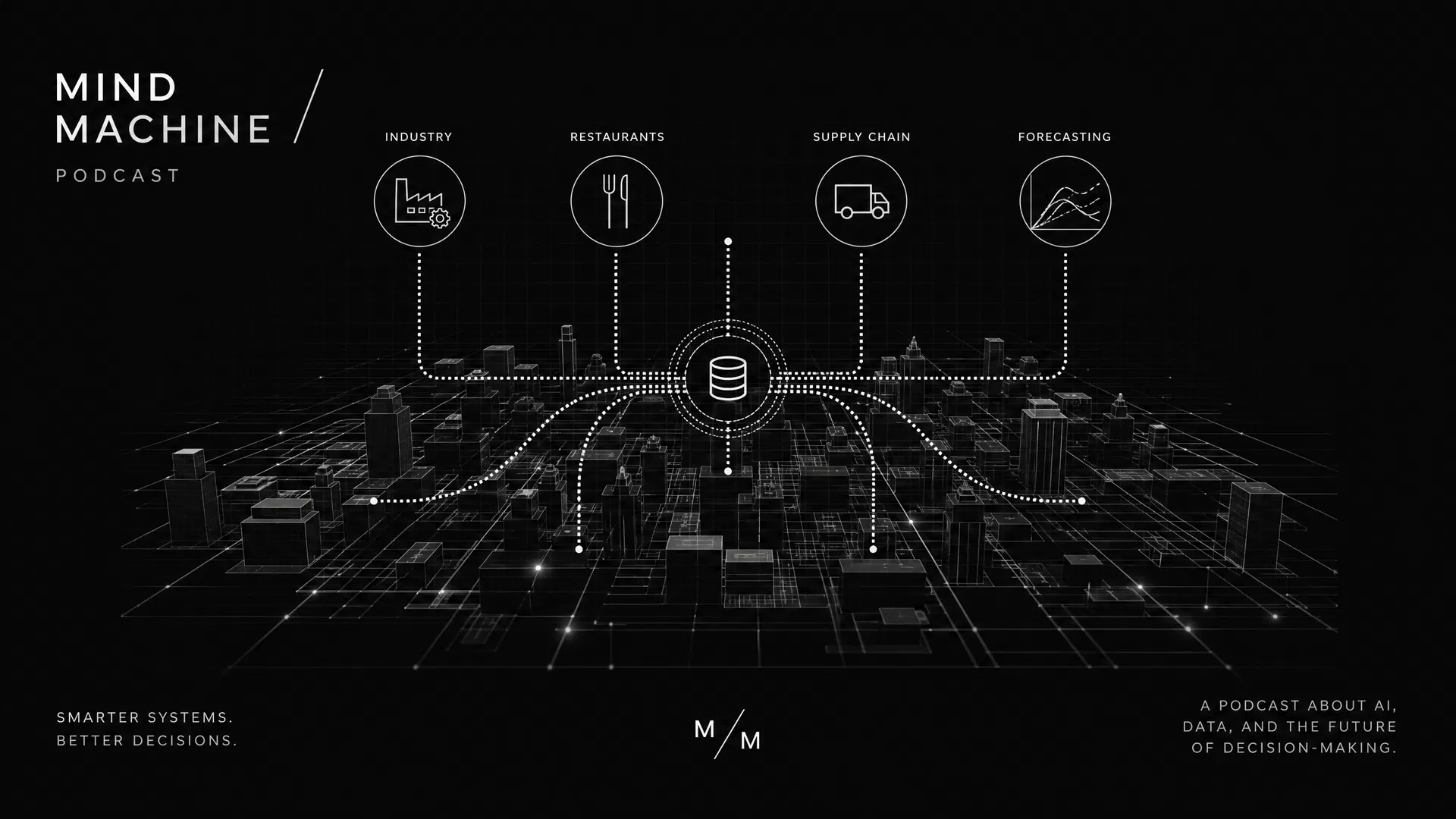 Digitale Stadtansicht von oben mit Daten-Verbindungslinien zu Symbolen für Industrie, Restaurant, Supply Chain und Forecast-Kurven – KI als Datendrehscheibe für Unternehmen. Illustration zu Mind / Machine Podcast Folge 4.