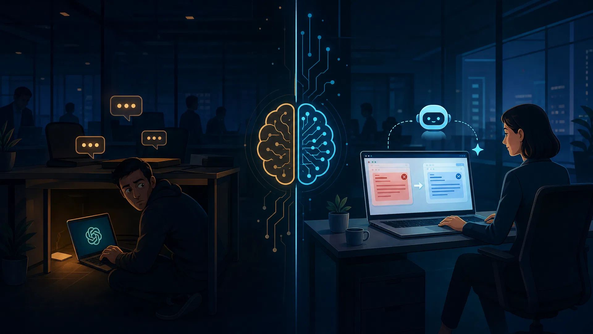 Podcast Mind / Machine – Folge #41: KI im Büroalltag Büroalltag mit KI: Links ein Secret User, der heimlich ChatGPT nutzt, rechts eine Mitarbeiterin, die mit KI-Unterstützung eine schwierige E-Mail entschärft – verbunden durch ein Gehirn-Symbol für emotionale und künstliche Intelligenz.