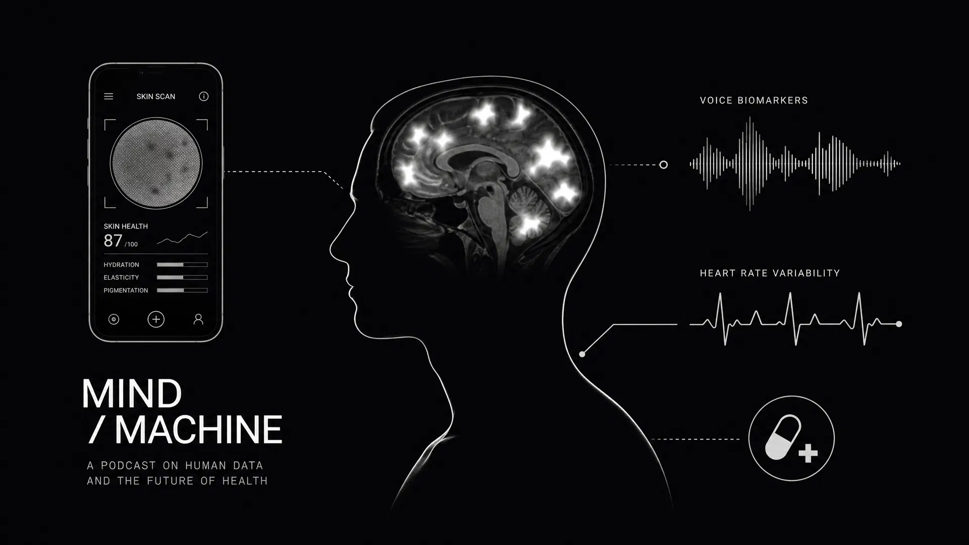 Podcast Mind / Machine – Folge #6: KI & Gesundheit Menschliche Silhouette mit fMRI-Gehirnscan, Skin-Screener-App auf dem Smartphone, Stimm-Wellenform für Voice Biomarkers und Herzfrequenzkurve. Illustration zu Mind / Machine Podcast Folge 6: KI im Gesundheitswesen.