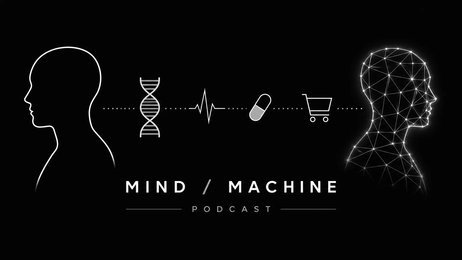 Podcast Mind / Machine – Folge #8: Digitale Twins Menschliche Silhouette links, digitales Polygon-Netzwerk-Gesicht rechts. Dazwischen: DNA-Helix, Herzfrequenz-Monitor, Kapsel und Einkaufswagen. Illustration zu Mind / Machine Podcast Folge 8: Digitaler Zwilling.