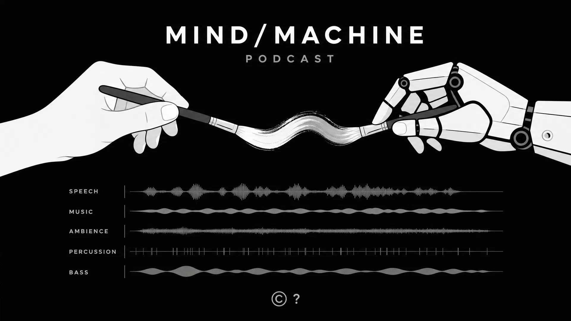 Podcast Mind / Machine – Folge #9: KI und Kreativität Menschliche Hand und Roboterhand halten gemeinsam einen Pinsel und malen denselben Strich. Darunter: Musik-Stems-Spuren (Speech, Music, Ambience, Percussion, Bass) und ein Copyright-Symbol mit Fragezeichen. Illustration zu Mind / Machine Podcast Folge 9: KI und Kreativität.