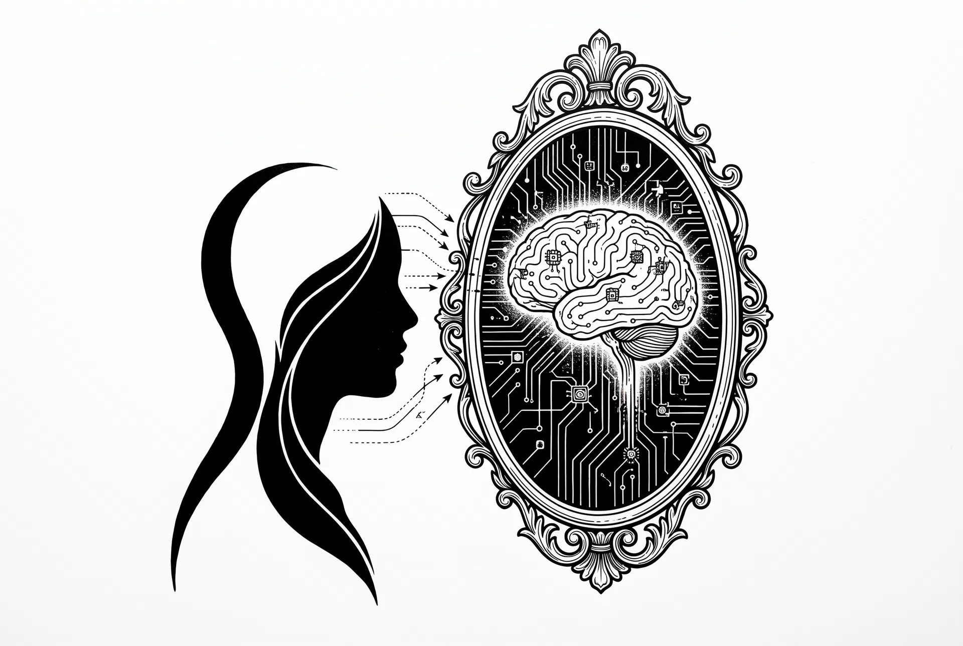 Podcast Mind / Machine – Folge #111: Wie dein Chat-Verhalten dein Unterbewusstsein verrät Mind Machine Podcast Folge 111: Menschliche Silhouette blickt in einen Spiegel, der statt des Gesichts ein KI-Gehirn mit Schaltkreisen zeigt – Selbsterkenntnis durch Künstliche Intelligenz
