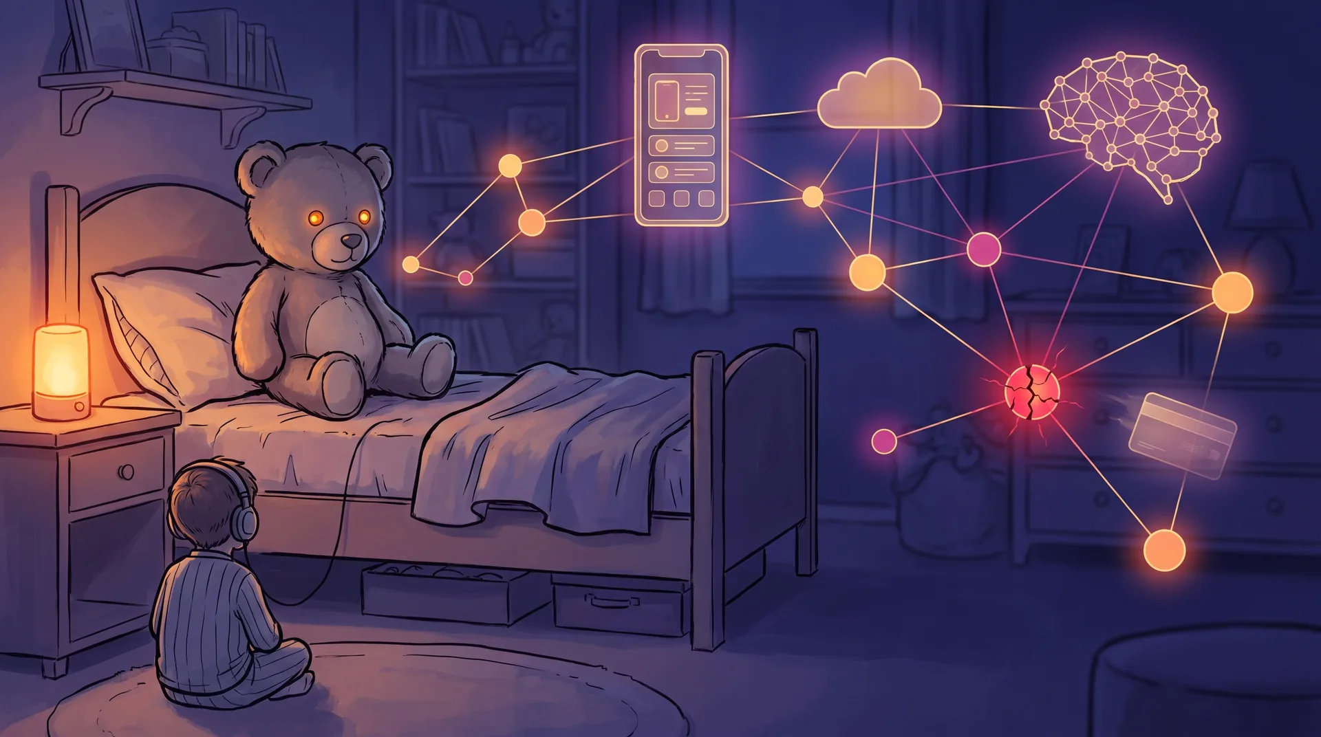 Podcast Mind / Machine – Folge #124: Wenn das Kuscheltier nach der Kreditkarte fragt Teddybär mit leuchtenden Augen sitzt im dämmrigen Kinderzimmer auf einem Bett, davor ein Kind mit Kopfhörern. Vom Bären führt eine Kette leuchtender Netzknoten über Smartphone-App, Cloud und Sprachmodell zu einem rot aufgebrochenen Knoten und einer Kreditkarte – Illustration für Folge 124 des Podcasts Mind / Machine über Sicherheitslücken bei KI-Spielzeug.